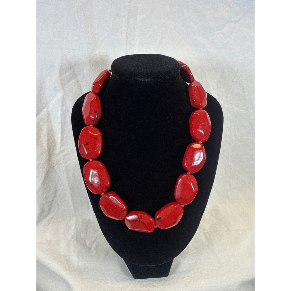 Set of 2 Chunky Stone Bead Necklaces Red and Turquoise Statement Jewelry